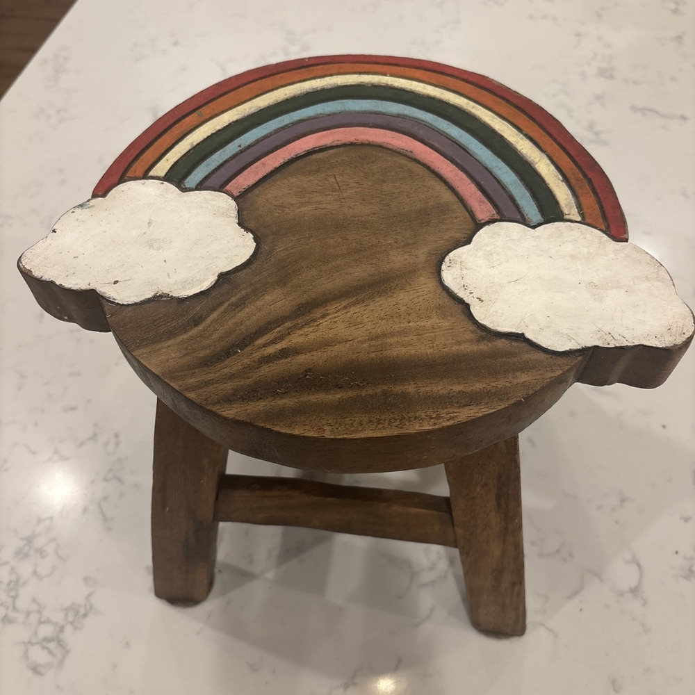 VTG Kids Stool Rainbow Clouds Hand Carved and Painted Solid Wood Rainbow Baby